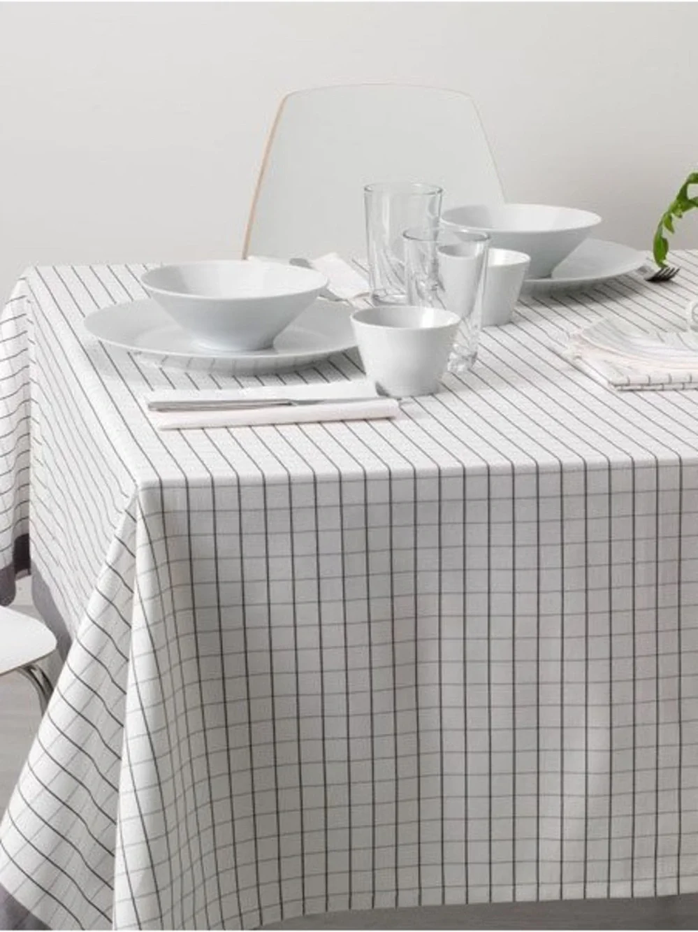 IKEA White Tablecloth with Gray Grid Pattern